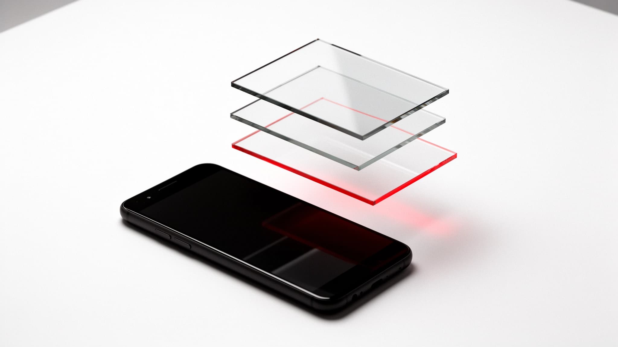 Unbranded phone beneath floating glass update layers
